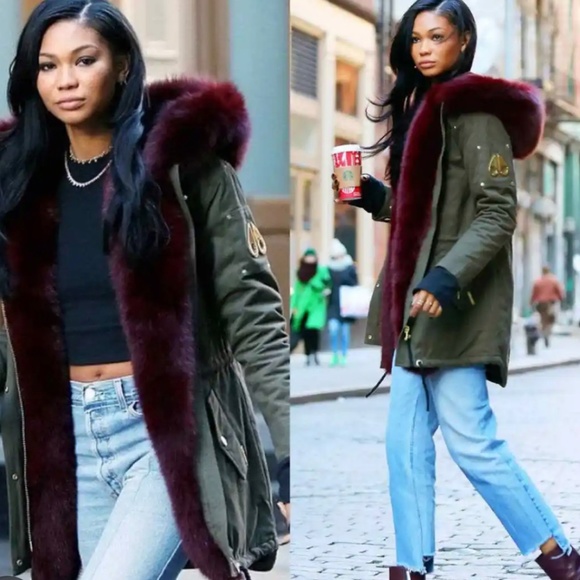 Moose Knuckles Stellar Canvas Oxblood Fur Parka Coat Olive Green Women's XL - Picture 4 of 4